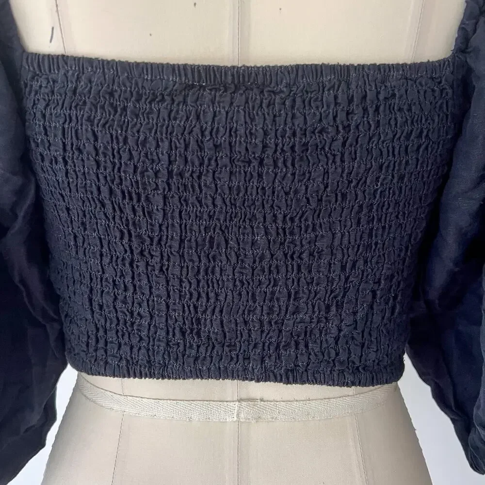 Posse Womens SMALL Black Linen Ivy Blouse Smocked Ruched Cropped Puff Sleeve - Picture 6 of 10